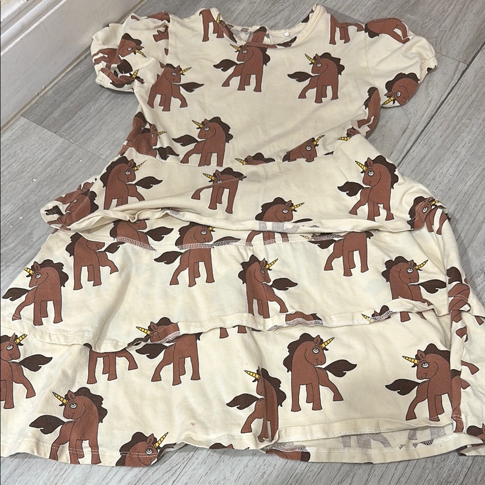 Mini Rodini Cream Dress with Brown Unicorn Print
